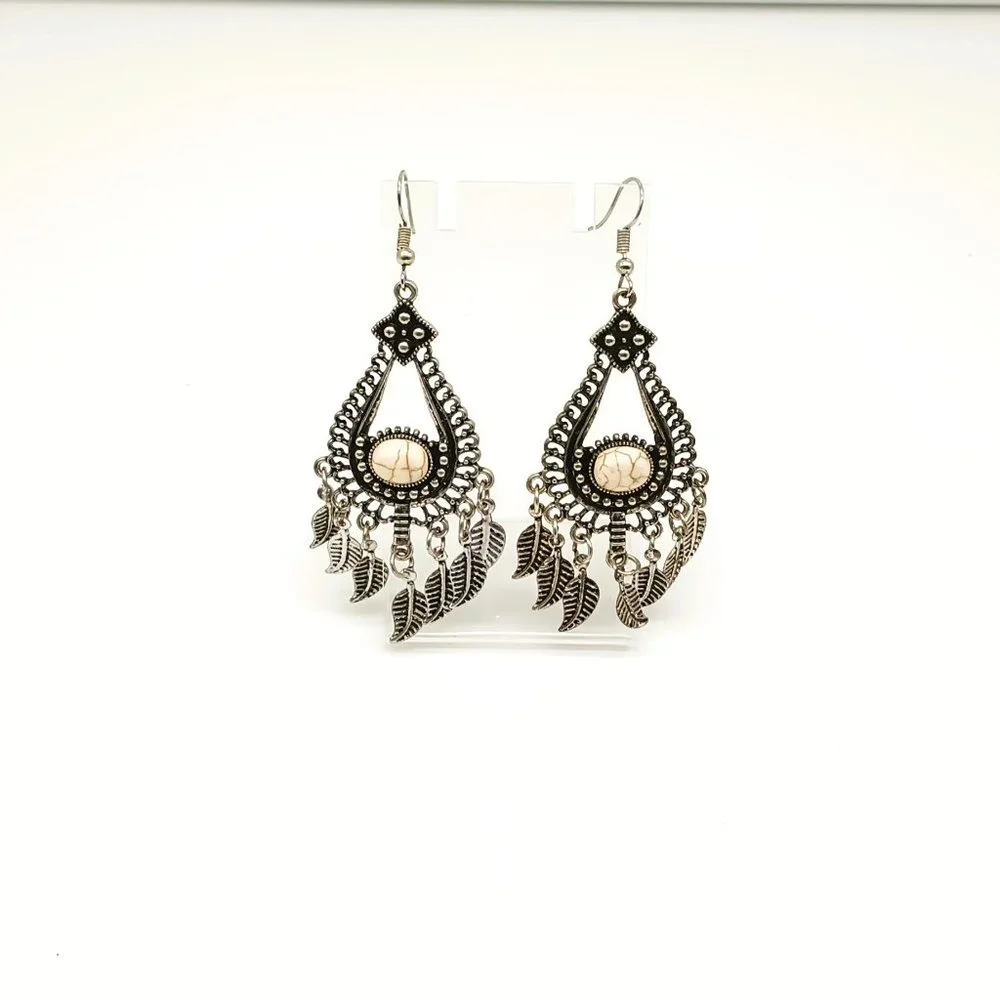Bohemian Tribal Style Drop Earrings with White Howlite Cabochon Center Dangles